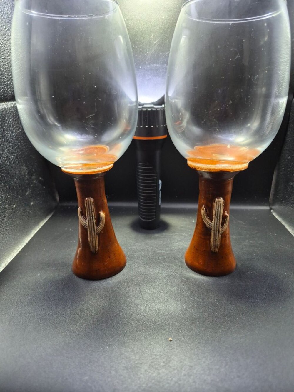 Handcrafted Wine Glasses With Cactus Accent Ceramic Base - Set Of 2 Signed